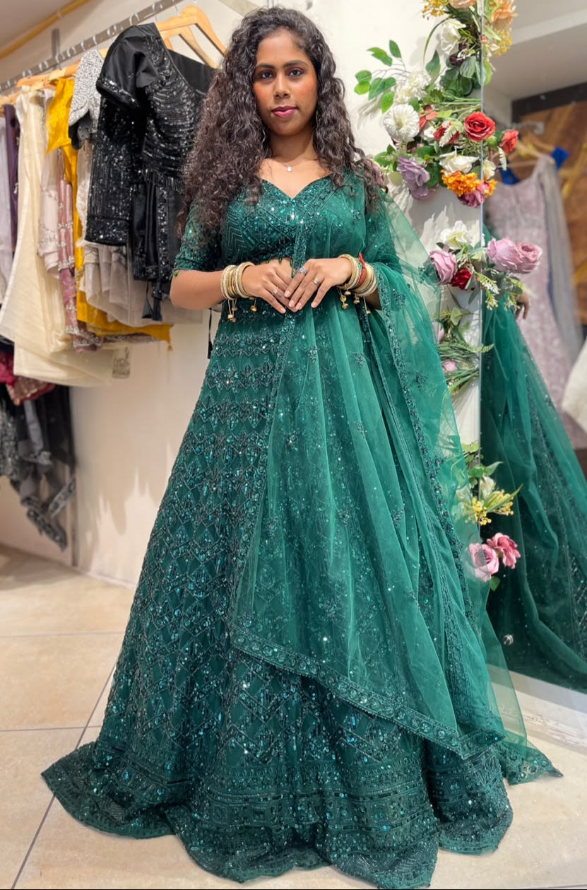 Emerald Green Embroidered Lehenga – RENTEL ONLY
